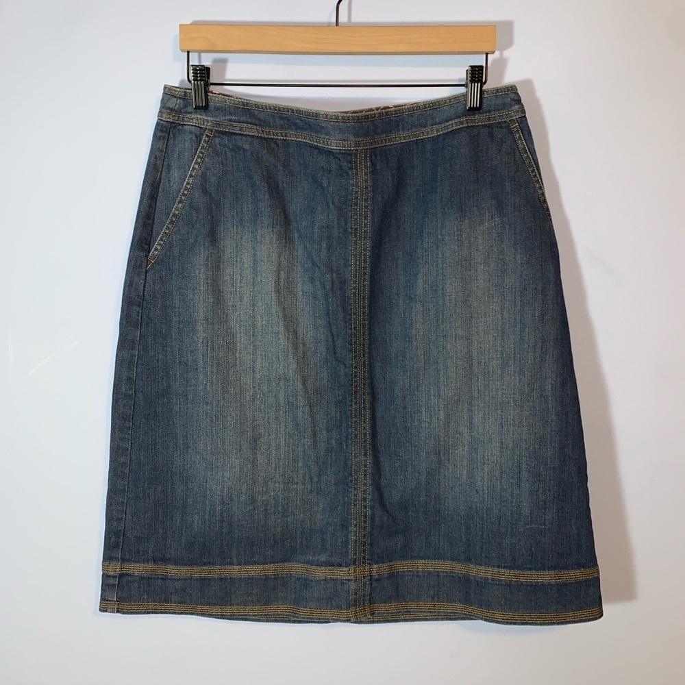 Boden A-Line Denim midi Skirt bronze stitching Blue pockets Y2K boho western 12L
